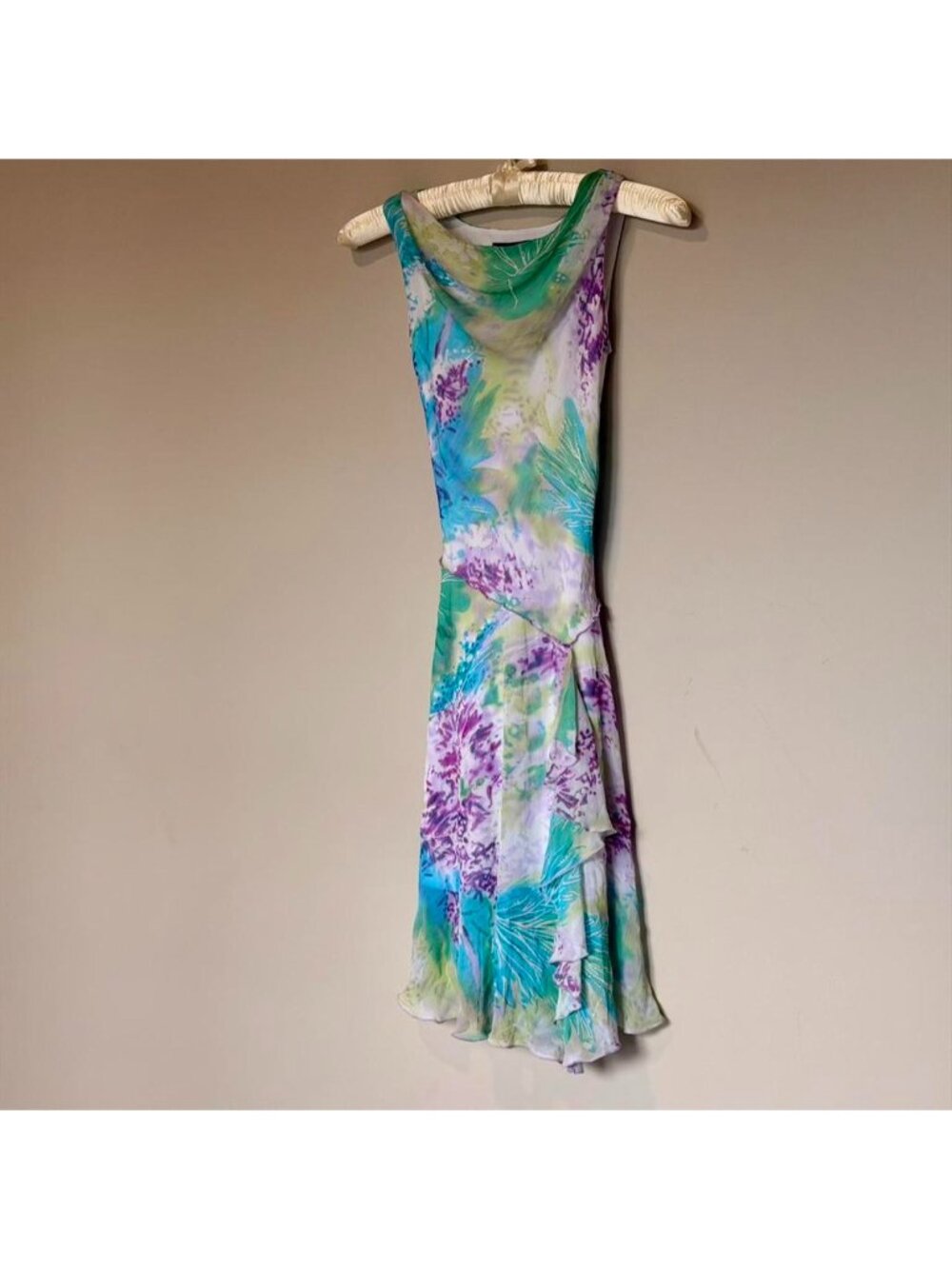 Watercolor floral midi dress in dreamy aqua, lilac & green tones